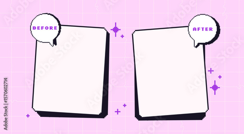 Before and after pixel game template. Rectangle frames for photo comparison. Competition layout borders with vibrant y2k 90s with speech bubble decoration. Vector background illustration.