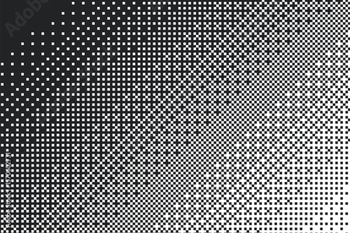 Pixel halftone background. 8 bit pattern bitmap dither effect. Black and white graphic gradient in retro 90s. Monochrome gradation. Vector retro random mosaic illustration.