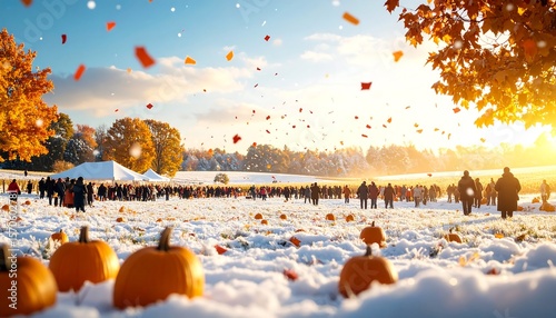 Pumpkin Patch in Winter with People Gathering and Falling Leaves