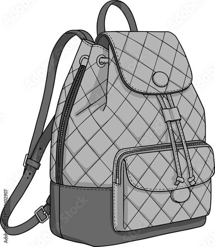 CAD drawing flat vector illustration, quilted backpack design, drawstring closure, ergonomic straps, front pocket, fashion accessory, school gear, black outline, editable artwork
