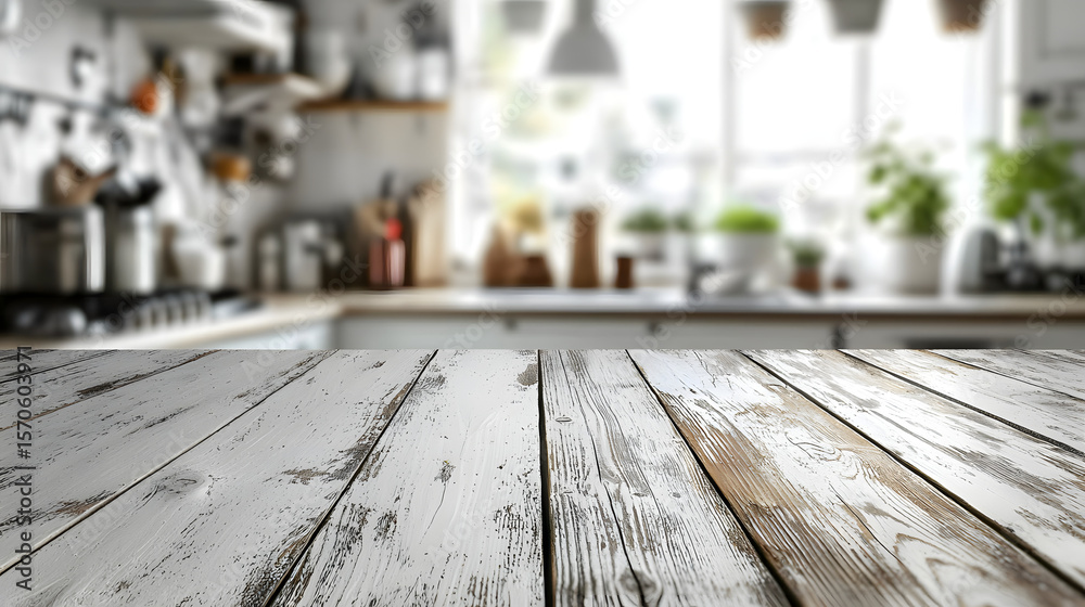 Obraz premium The kitchen summer window background is blurred, serving as the backdrop for a bleached wooden table top