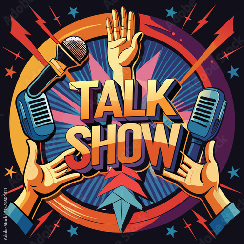 Retro talk show graphic with microphones and hands silhouette