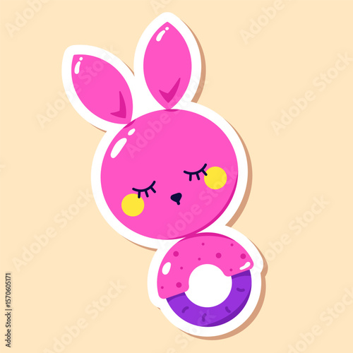 Kawaii baby bunny rattle. Children's sticker drawn in bright neon colors.
