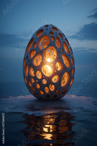a unique and artistic illuminated egg sculpture standing in the ocean.