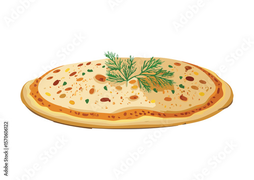 Golden Flatbread Topped with Fresh Dill - Vector Illustration