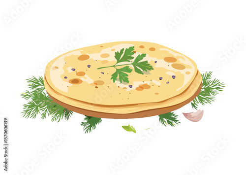 Delicious Round Flatbread with Fresh Herbs - Vector Illustration