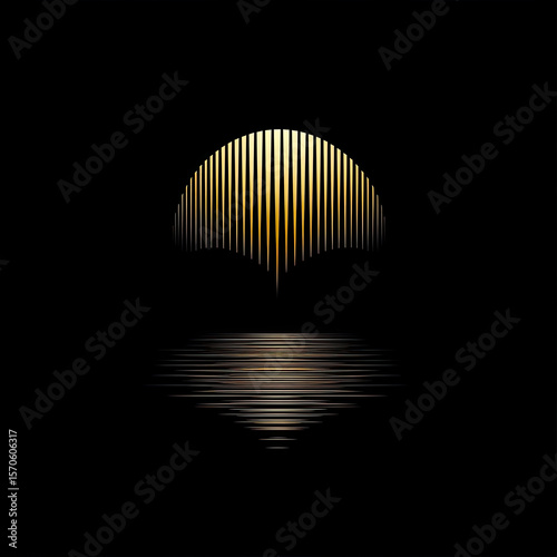 Golden Sunrise Over Calm Waters Logo design: A striking minimalist image, a symbol of hope and renewal, featuring a stylized golden sun radiating light above serene waters.