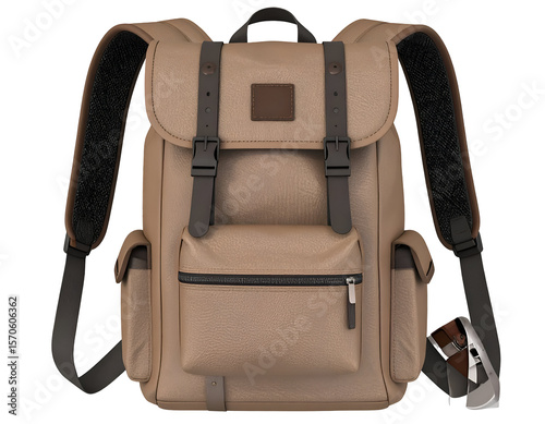 A stylish light brown backpack with dark straps and metallic accents ready for daily adventures. photo