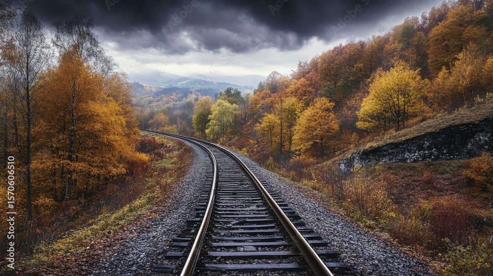 Fototapeta premium A winding railroad track leads through a forest of vibrant autumn foliage under a dramatic sky.