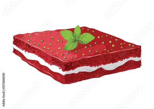 Red Velvet Square Cake Dessert Mint - Vector Illustration