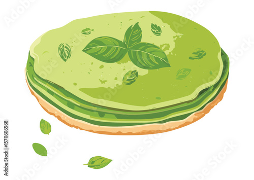 Stack of Green Flatbreads with Basil Leaves - Vector Illustration