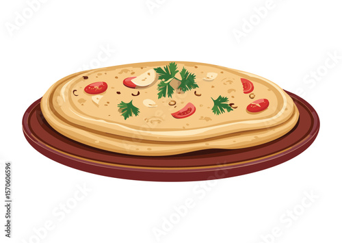 Flatbread with Mushroom and Herb Topping - Vector Illustration