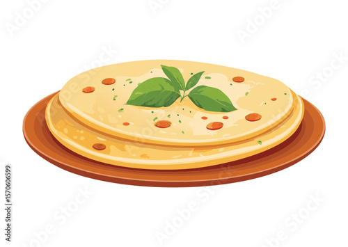 Golden Flatbread with Fresh Basil Garnish - Vector Illustration