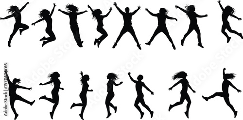 Jumping people silhouette sketch, group celebration pose, expressive movement artwork, energetic figure design illustration, fun and freedom concept vector, cad drawing flat vector illustration