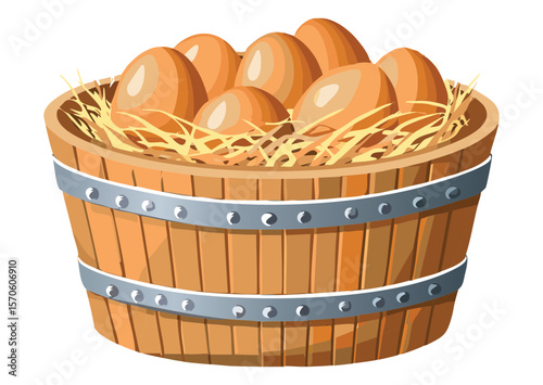 Farm Fresh Eggs in Wooden Barrel Basket with Hay Vector Illustration