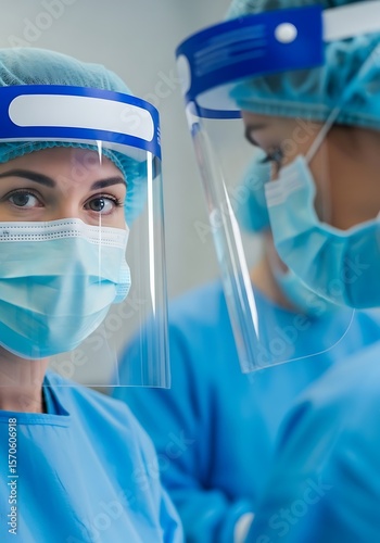 Medical professionals wearing protective gear surgical masks