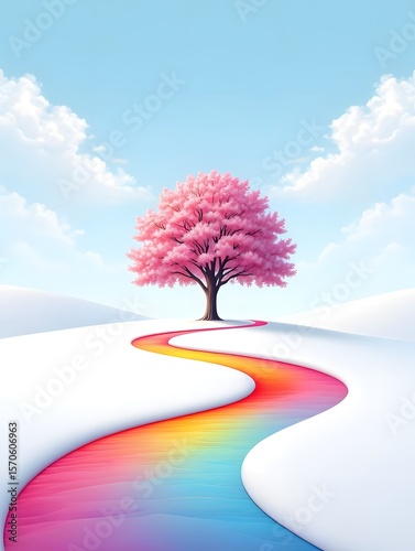 a vibrant tree with pink blossoms, surrounded by a rainbow path, set against a bright blue sky.