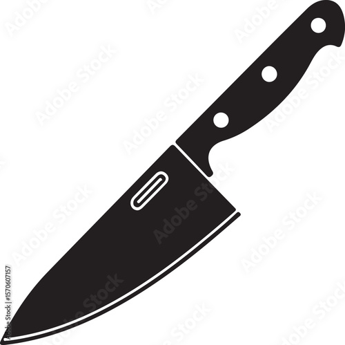 Black chef knife with white rivets and a cutout kitchen utensil sharp blade