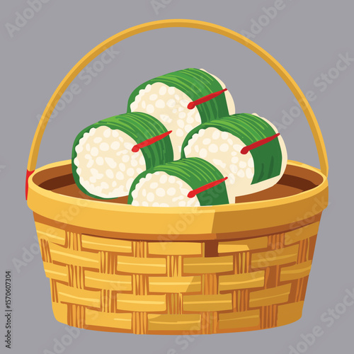 Traditional Basket with Green Wrapped Snacks - Vector Illustration