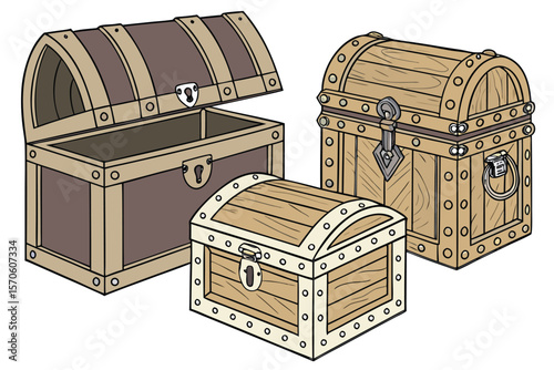  wooden treasure chests, ornate antique wooden boxes, wooden storage containers with lock mechanisms, elaborately decorated wooden treasure boxes, vintage wooden crates with metal accents, heirloom w