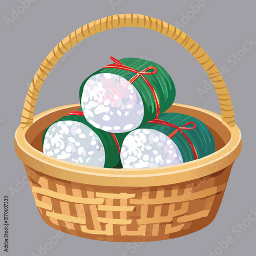 Rustic Basket Full of Wrapped Rice - Vector Illustration