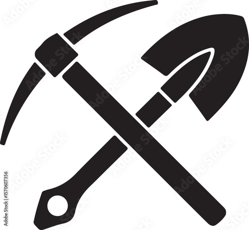 Crossed pickaxe and shovel black silhouette tools digging