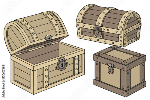  wooden treasure chests, ornate antique wooden boxes, wooden storage containers with lock mechanisms, elaborately decorated wooden treasure boxes, vintage wooden crates with metal accents, heirloom w