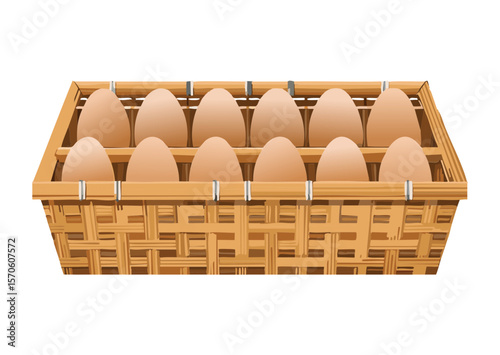 Light Brown Basket Full of Eggs - Vector Illustration