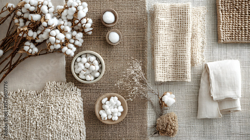 Warm-toned material mood board with natural textures, cotton branches, and fabric samples for interior design inspiration