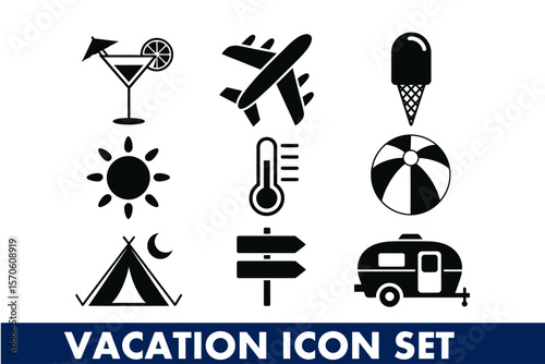 Travel and vacation icons depicting leisure and adventure essentials for global exploration needs