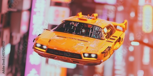 Futuristic vehicle design against an urban backdrop with a touch of science fiction