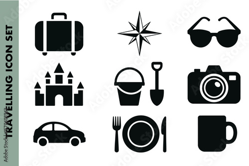 Travel and vacation icons depicting leisure and adventure essentials for global exploration needs