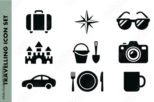 Travel and vacation icons depicting leisure and adventure essentials for global exploration needs
