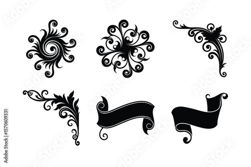Artistic retro embellishment and divider set Silhouette Vector illustration