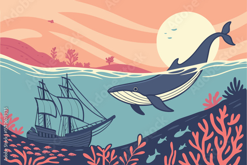 ship, boat, whale, underwater, ocean, waves, sunset, digital art, stylized, vibrant colors