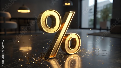 Golden percentage sign sparkles on a reflective surface