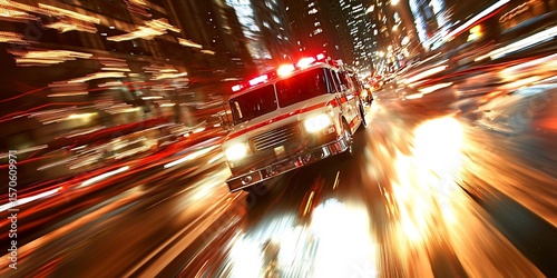 Emergency response vehicle rushing through blurred city streets at night