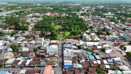 Drone footage aerial view of Phimai Historical Park. the ancient stone temple structures from the Khmer empire. Nakhon Ratchasima, Thailand