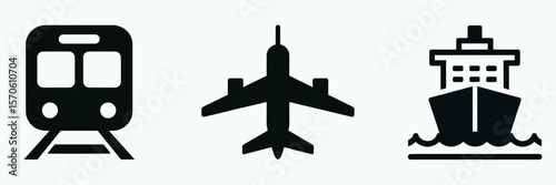 Airplane ship and train icons symbolizing travel and transportation modes in modern journeys