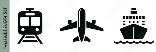 Airplane ship and train icons symbolizing travel and transportation modes in modern journeys