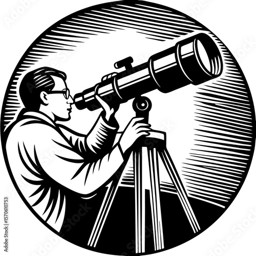 A detailed black and white illustration depicts an astronomer observing through a powerful telescope set on a sturdy tripod.