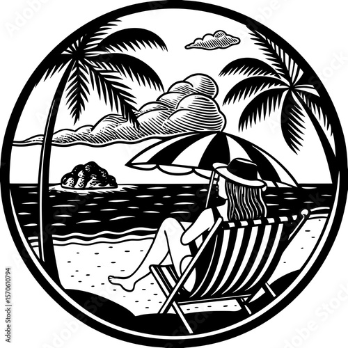 A relaxing beach scene featuring a woman in a hat relaxing in a deckchair under an umbrella near the ocean waves