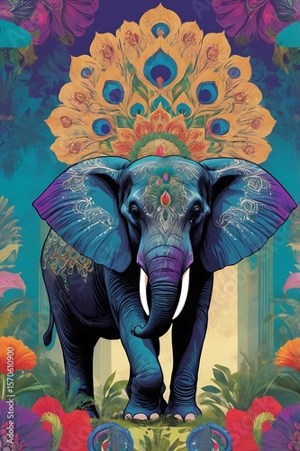 Abstract elephant and peacock combo in royal jewel tones, palace garden background, regal and centered for wall poster