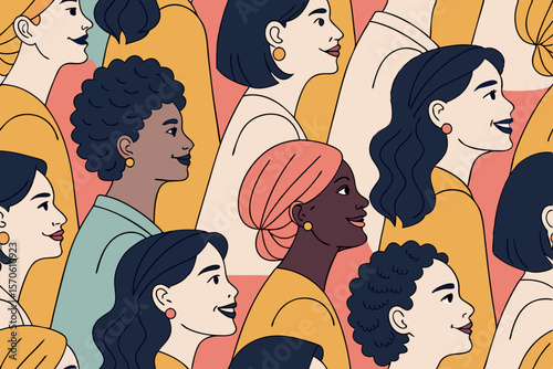 Diverse women faces in profile illustration pattern with color blocking and modern feminine style for graphic design and applications