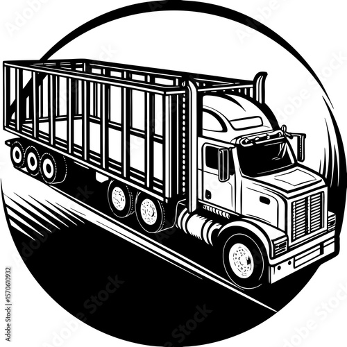Black and white illustration of a commercial truck with an open trailer hauling freight on a highway concept.