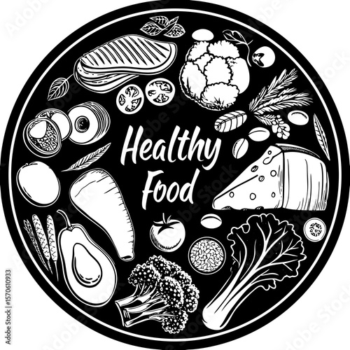 Elegant black and white illustration depicting assorted healthy food items arranged within a circular composition for dietary and nutritional concepts.