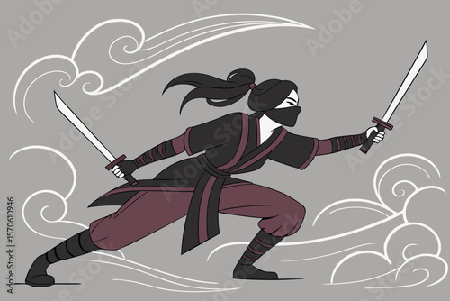 Dynamic illustration depicting a female ninja character in action with dual katana swords and flowing decorative cloud elements.