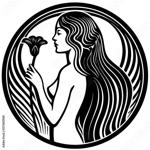 Graceful woman admiring a lily in a black and white art nouveau style illustration within a circular frame