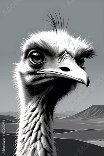 Abstract emu headshot, steel grey and charcoal palette, clean desert horizon background