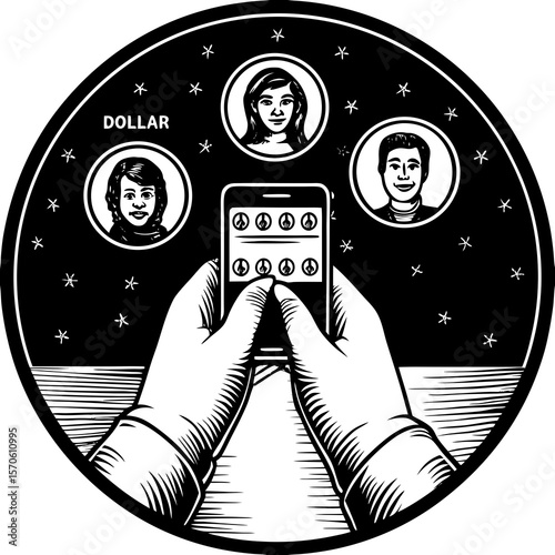 Illustration of a digital payment system showcasing a smartphone displaying online transactions and three different people in circles.
